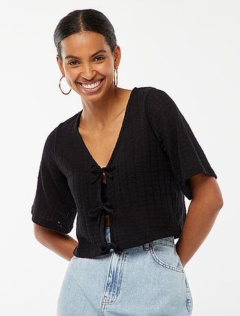 Tee-shirt cropped en maille pointelle ajourée