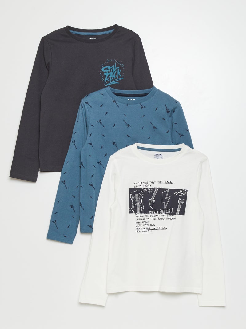 Tee-shirt en jersey à manches longues - Lot de 3 Blanc/bleu - Kiabi