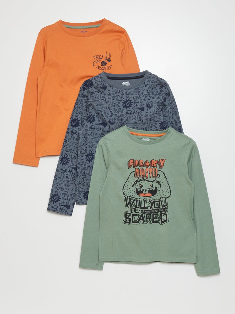 Tee-shirt en jersey à manches longues - Lot de 3 Kaki/orange/bleu - Kiabi