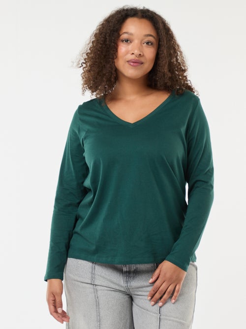 Tee-shirt en jersey avec col V et manches longues - Kiabi