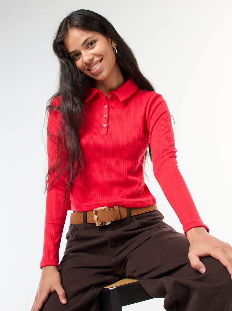 Tee-shirt en maille pointelle  avec col polo Rouge - Kiabi