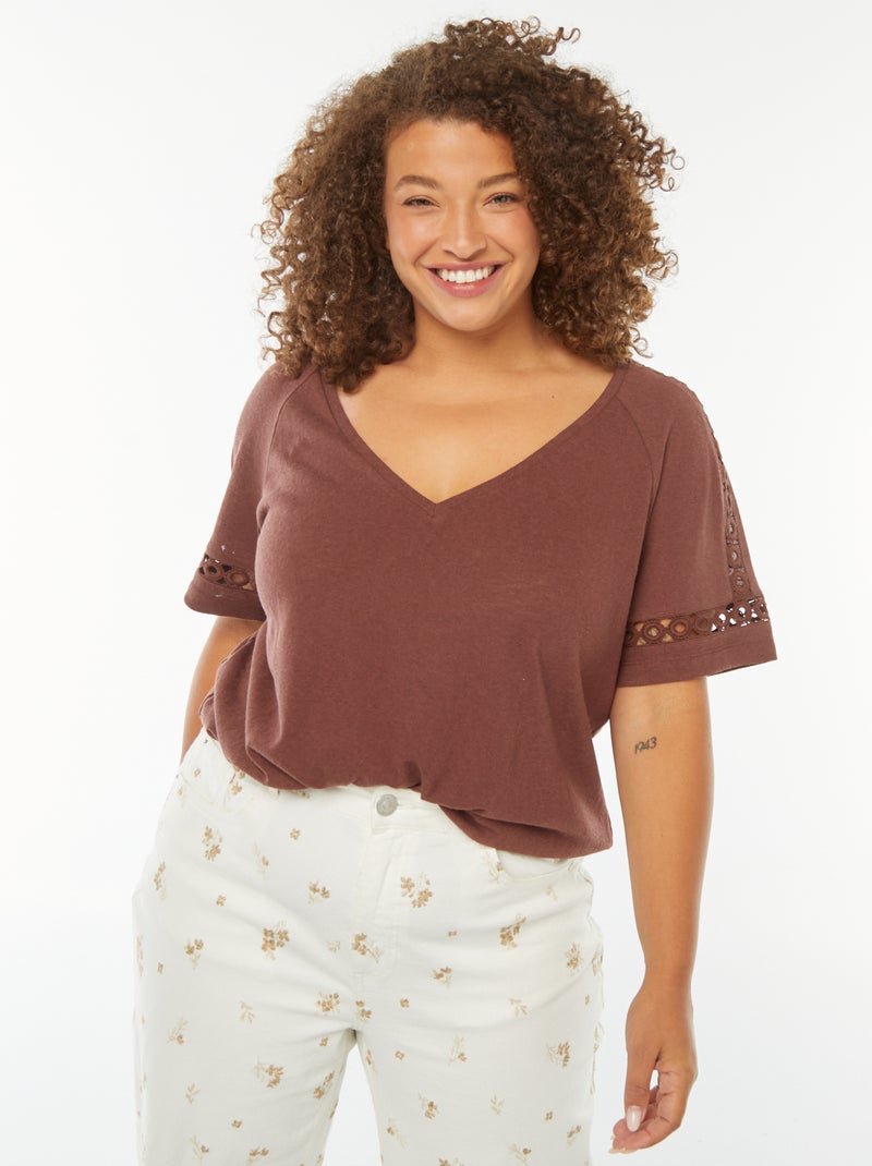 Tee-shirt maille moulinée avec détails macramé Marron - Kiabi