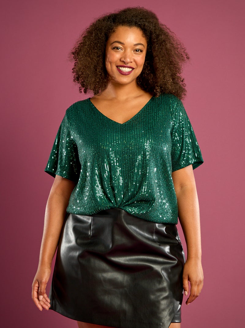 Tee-shirt manches courtes à sequins Vert Grandes tailles