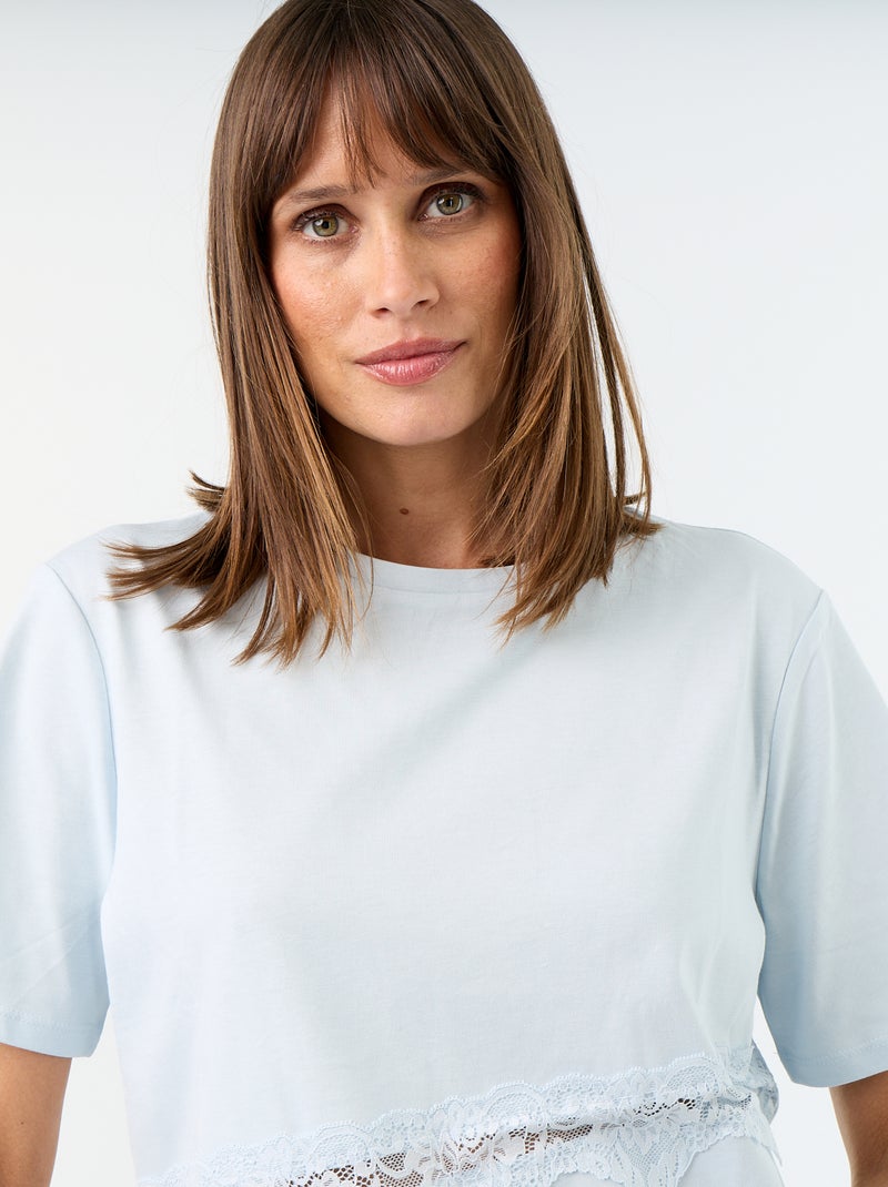 Tee-shirt manches courtes avec dentelle Bleu - Kiabi
