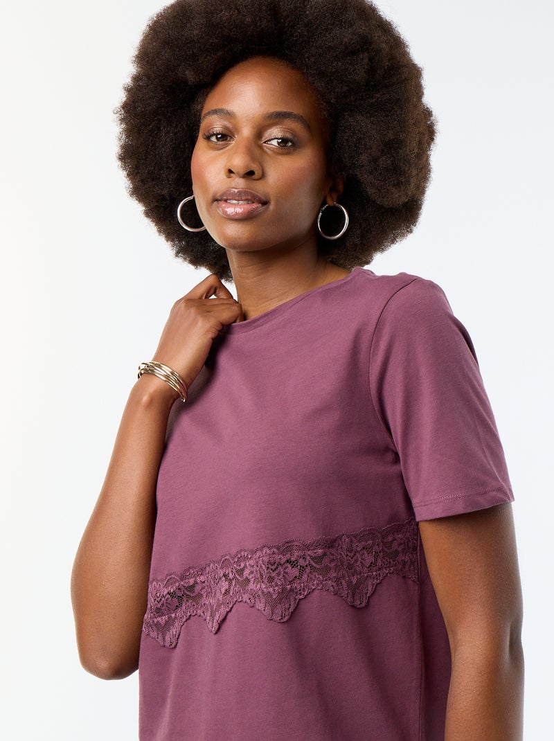 Tee-shirt manches courtes avec dentelle Violet - Kiabi