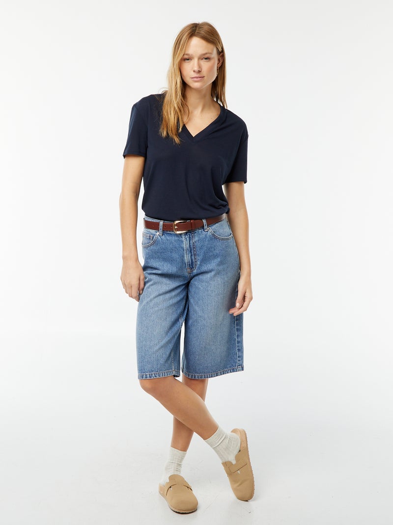 Tee-shirt manches courtes avec encolure en V Bleu marine - Kiabi