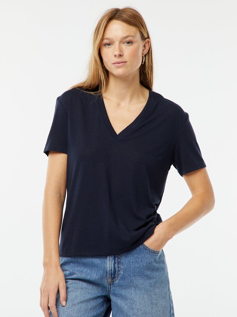Tee-shirt manches courtes avec encolure en V Bleu marine - Kiabi