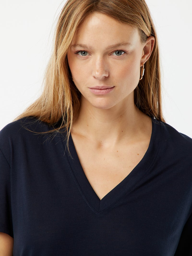 Tee-shirt manches courtes avec encolure en V Bleu marine - Kiabi