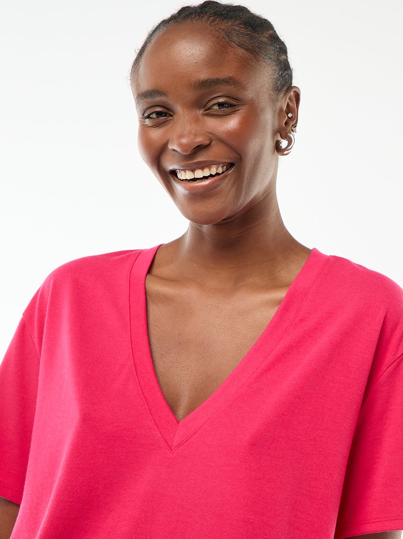 Tee-shirt manches courtes avec encolure en V Rose - Kiabi
