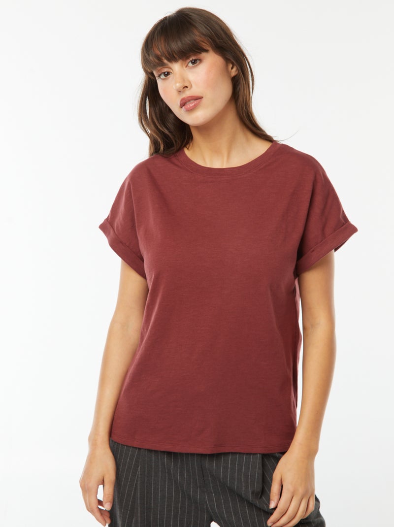 Tee-shirt manches courtes retroussées Bordeaux - Kiabi
