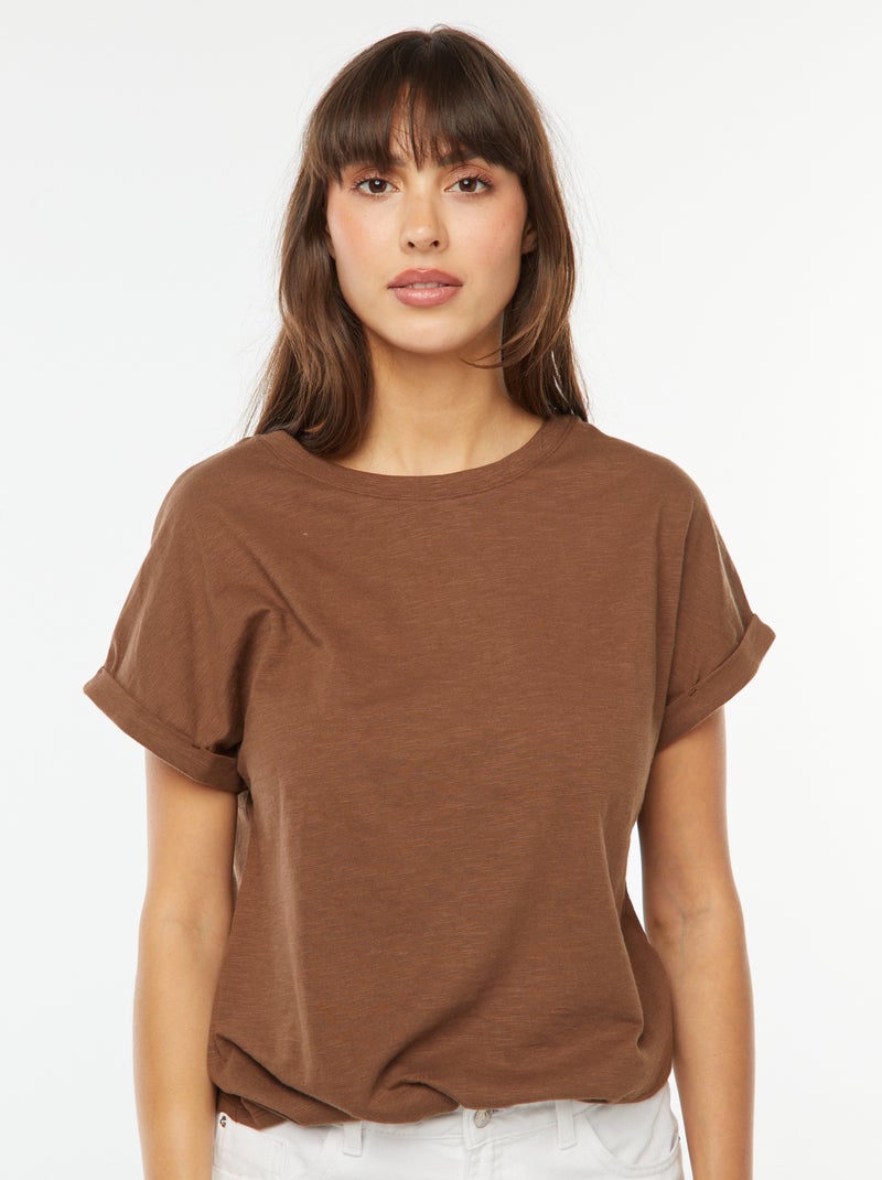 Tee-shirt manches courtes retroussées Marron - Kiabi