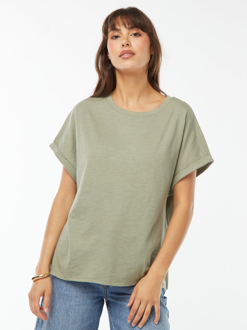 Tee-shirt manches courtes retroussées Vert - Kiabi