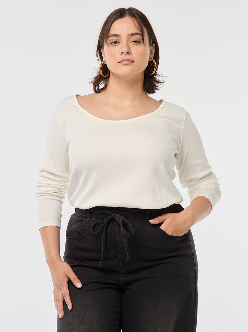 Tee-shirt manches longues en rib côtelé Blanc - Kiabi