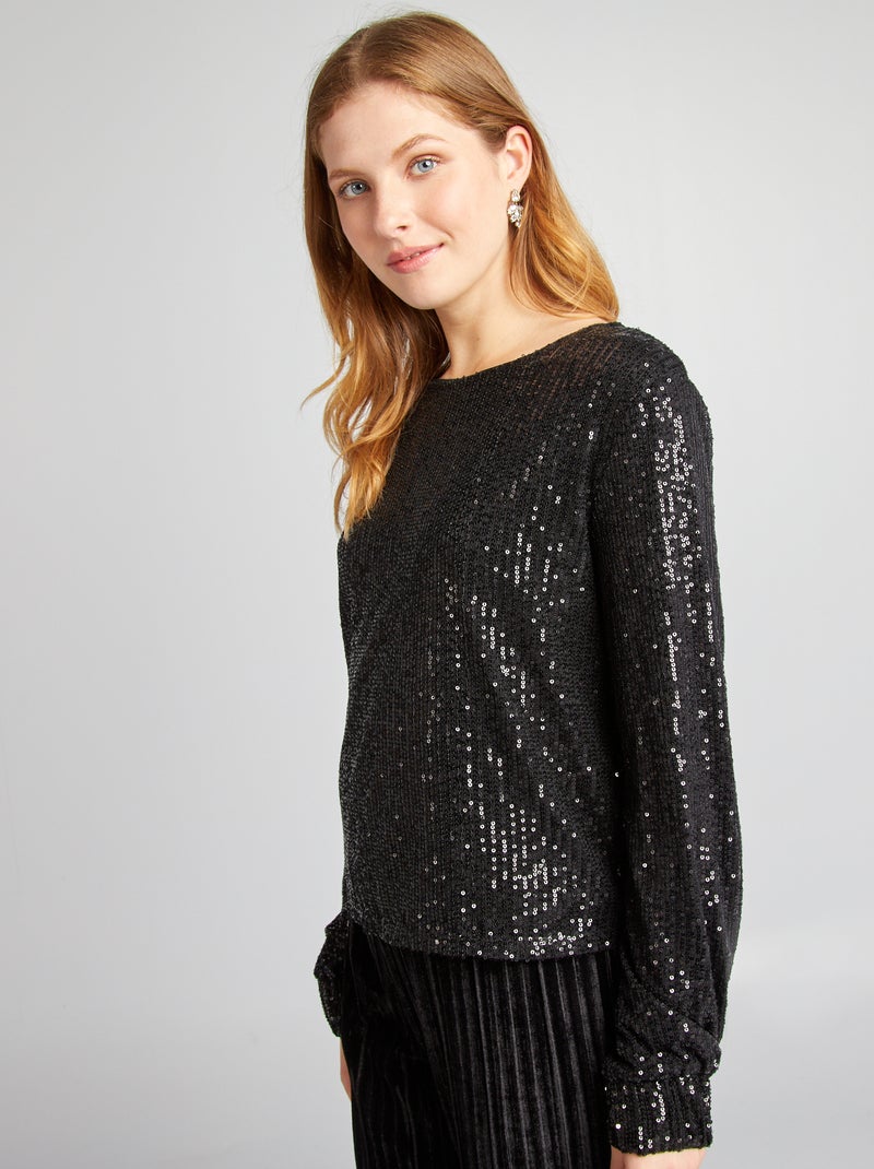 Tee-shirt manches longues en sequins noir - Kiabi