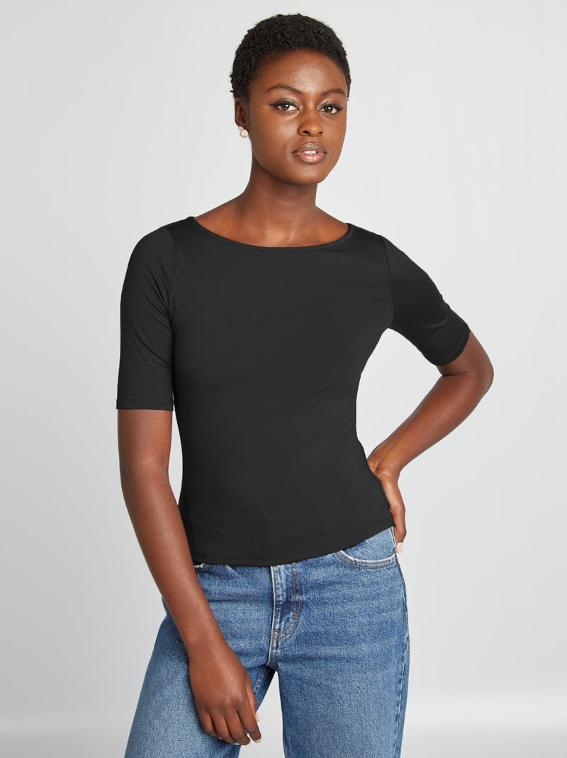 Tee-shirt moulant avec encolure bateau noir - Kiabi