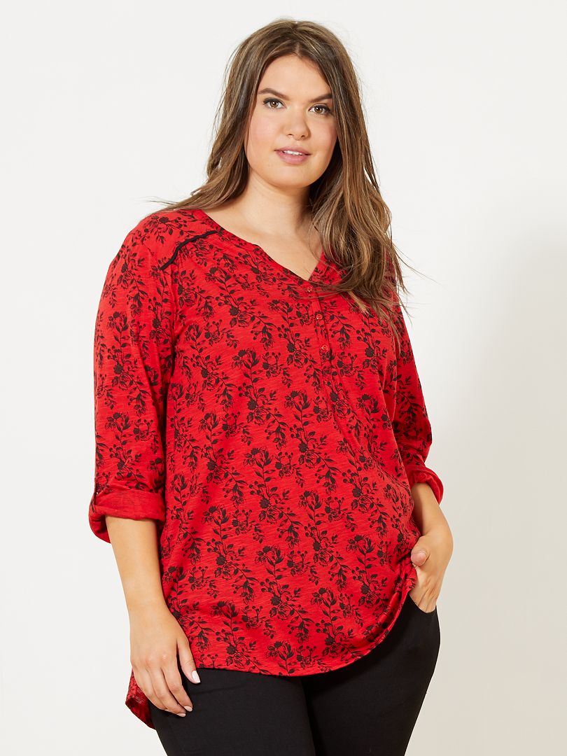 Tee-shirt tunisien imprimé rouge fleuri - Kiabi