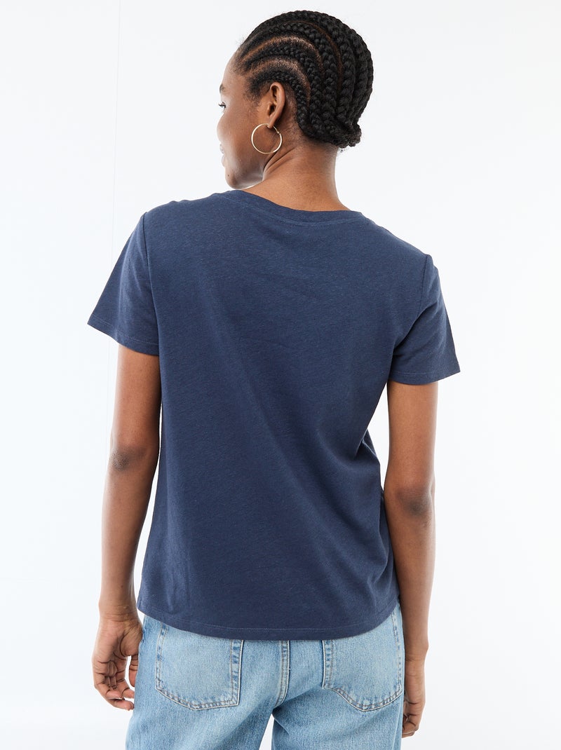 Tee-shirt uni à manches courtes et col rond Bleu - Kiabi