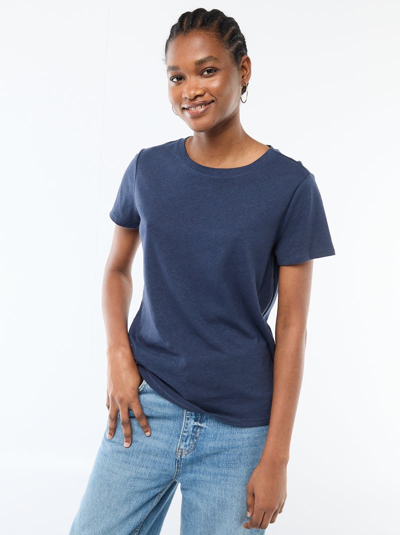Tee-shirt uni à manches courtes et col rond Bleu - Kiabi