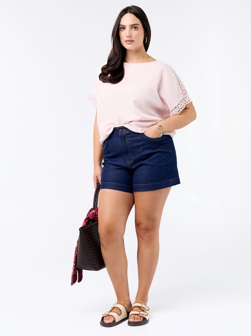 Tee-shirt uni avec broderie et macramé aux manches - Kiabi