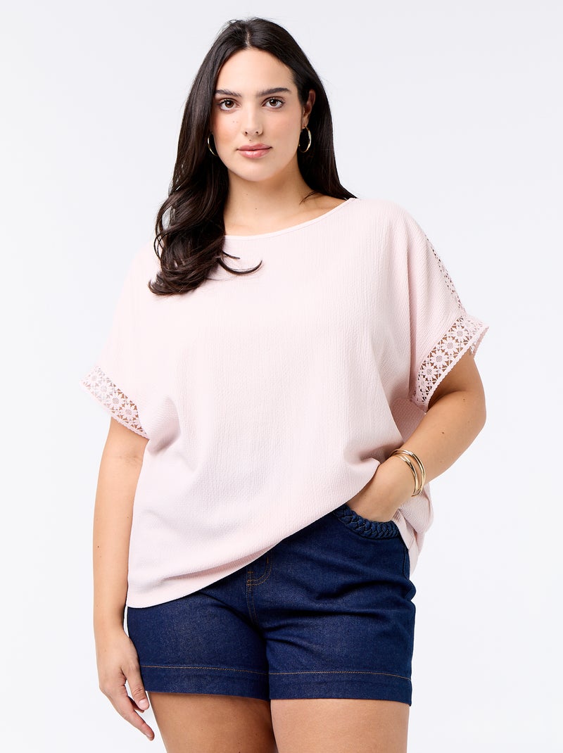 Tee-shirt uni avec broderie et macramé aux manches Rose - Kiabi