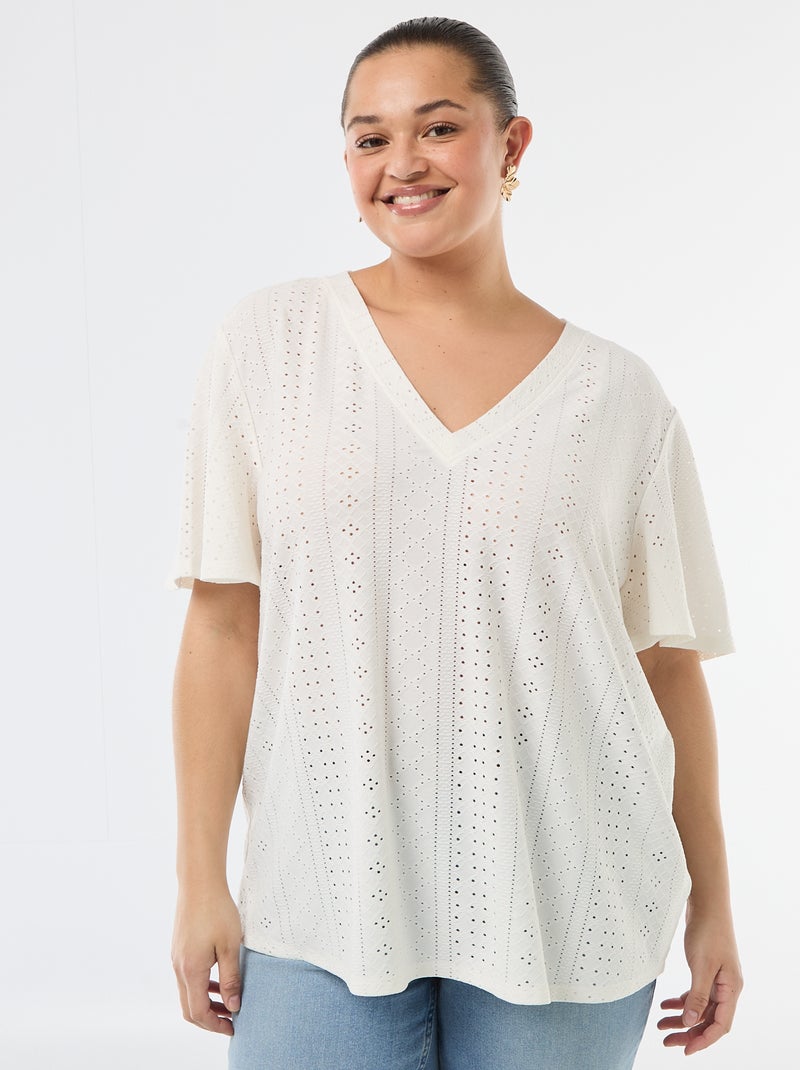 Tee-shirt uni en maille ajourée Blanc - Kiabi