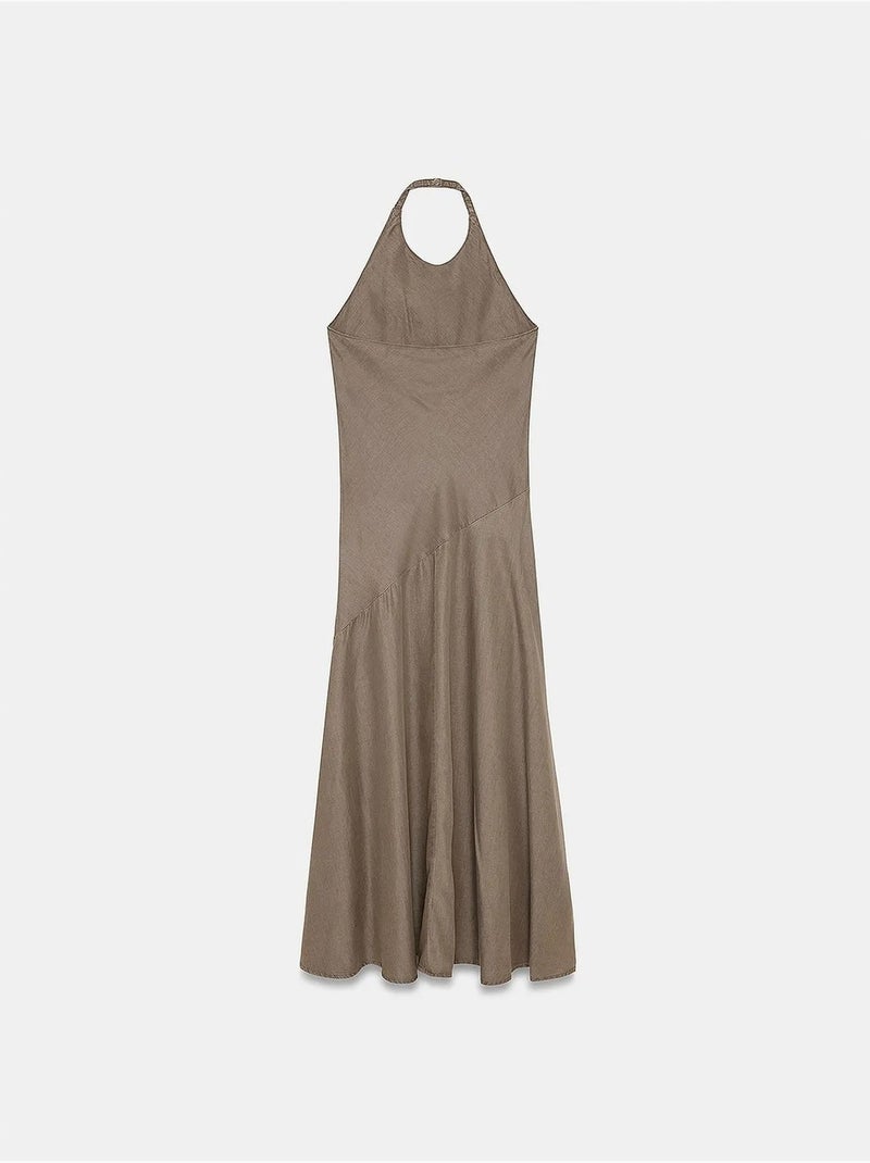 Tencel maxi-jurk met halternek dilvin Kaki - Kiabi