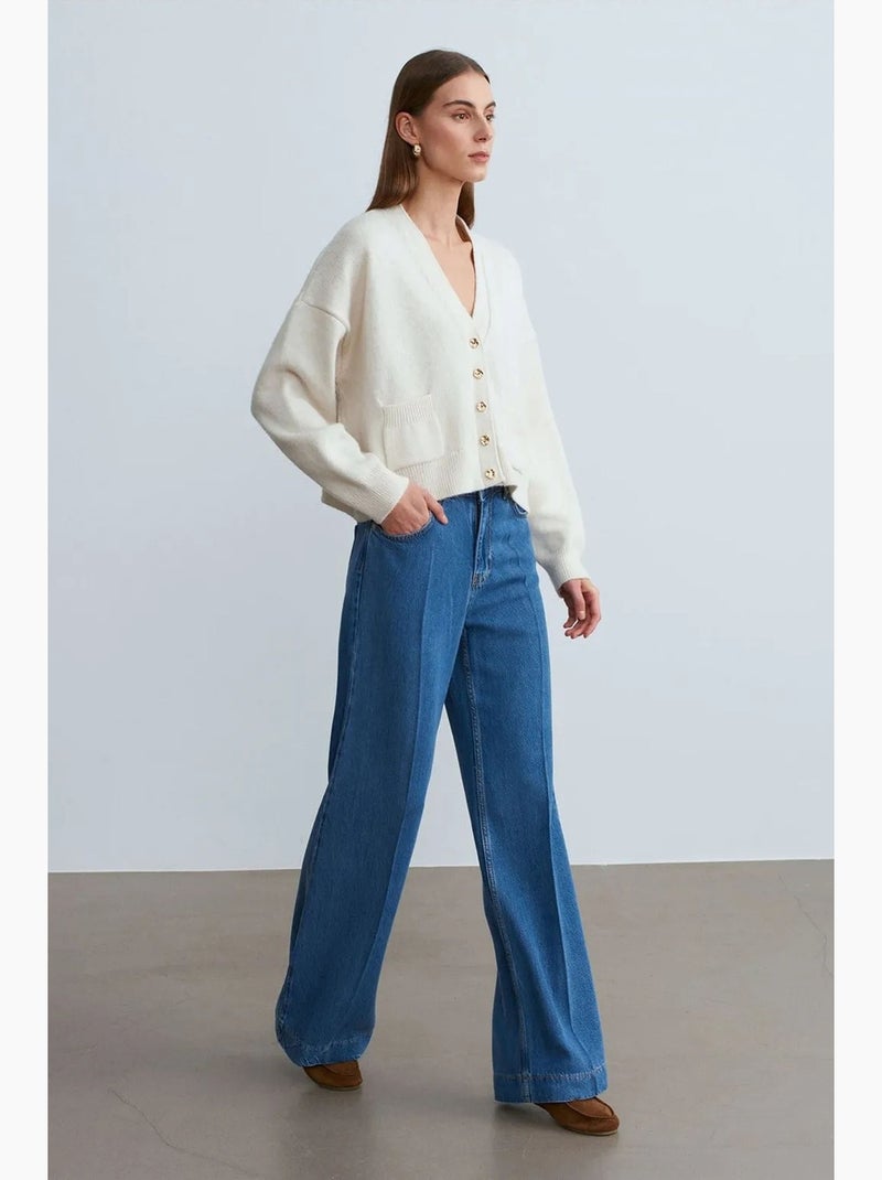Tenceljeans met hoge taille en wijde pijp dilvin Saffierblauw - Kiabi