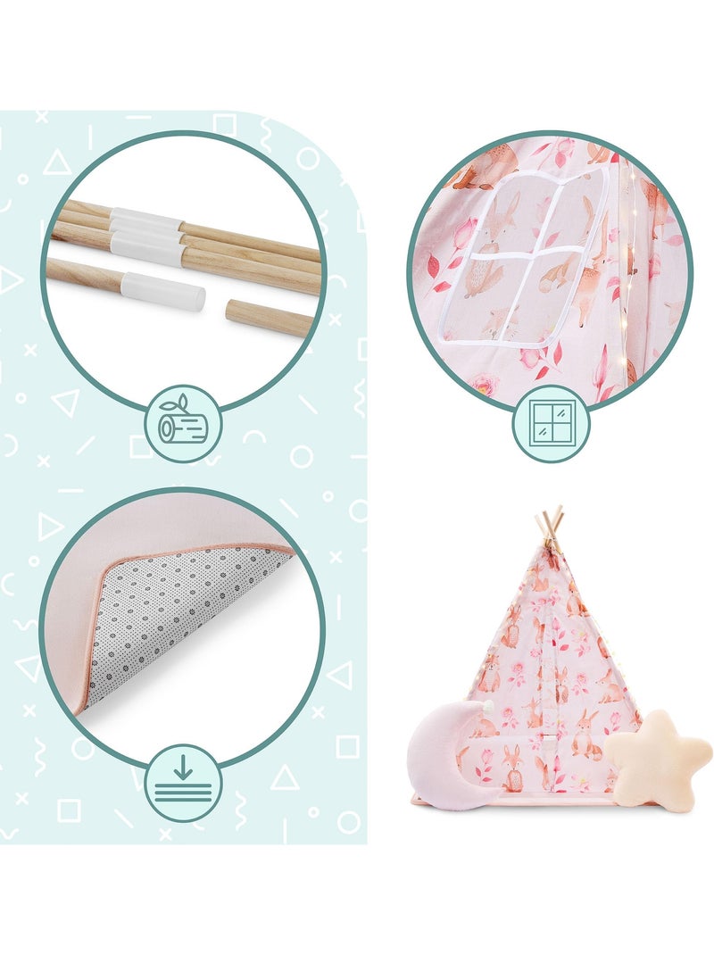 Tente tipi enfant en bois pin et tissu tapis antidérapant led - 100x100 cm Rose - Kiabi