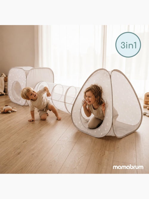 Tente tunnel enfant pop-up 3 en 1 triangle cube labyrinthe dim 302x80cm gris - Kiabi Tente tunnel enfant pop-up 3 en 1 triangle cube labyrinthe dim 302x80cm gris - Kiabi