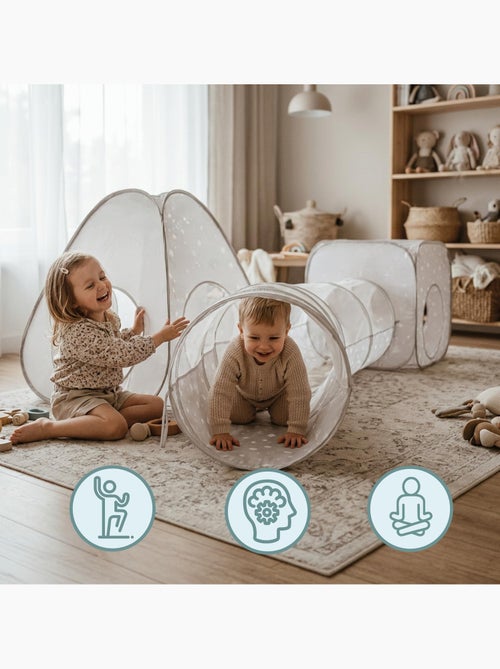 Tente tunnel enfant pop-up 3 en 1 triangle cube labyrinthe dim 302x80cm gris - Kiabi Tente tunnel enfant pop-up 3 en 1 triangle cube labyrinthe dim 302x80cm gris - Kiabi