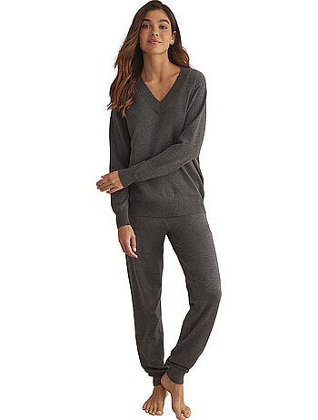 Tenue détente et intérieur pyjama pantalon top col v tricotp98