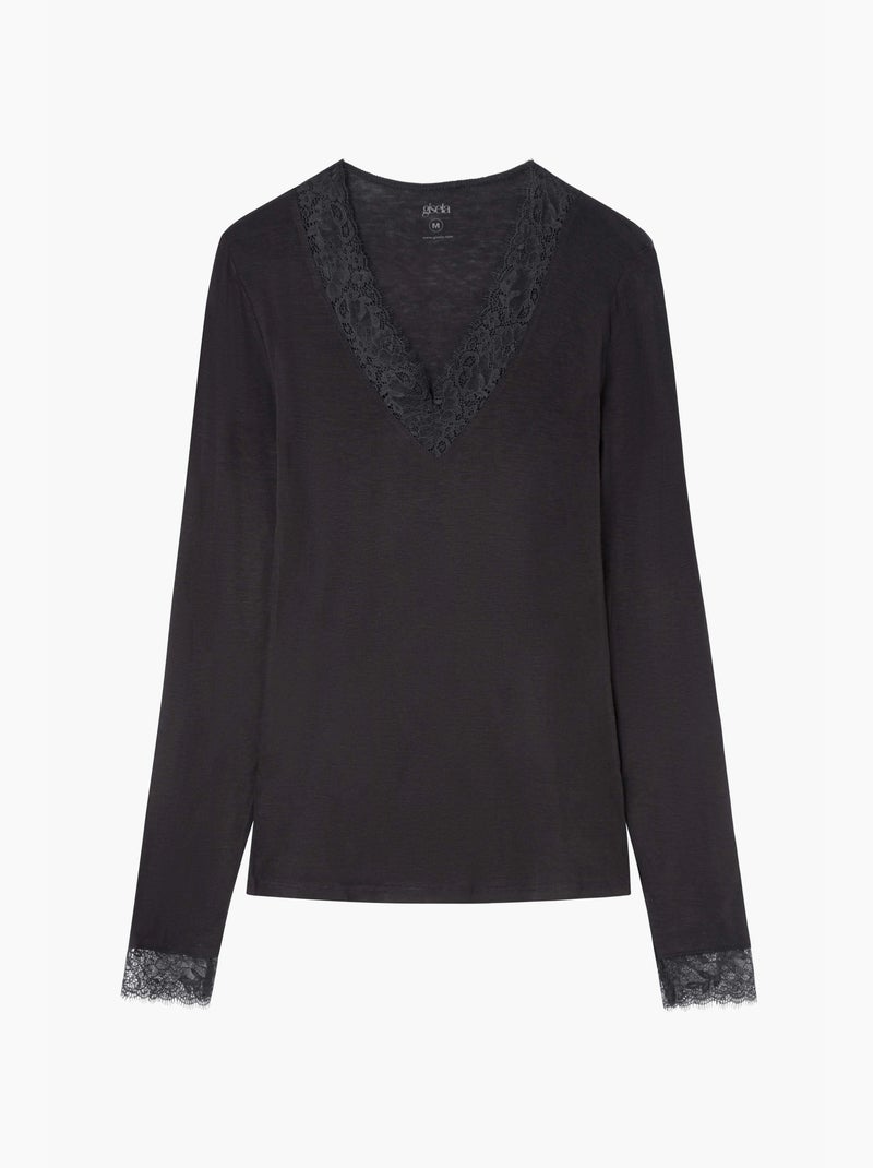 Thermoshirt v-hals met kant Zwart - Kiabi