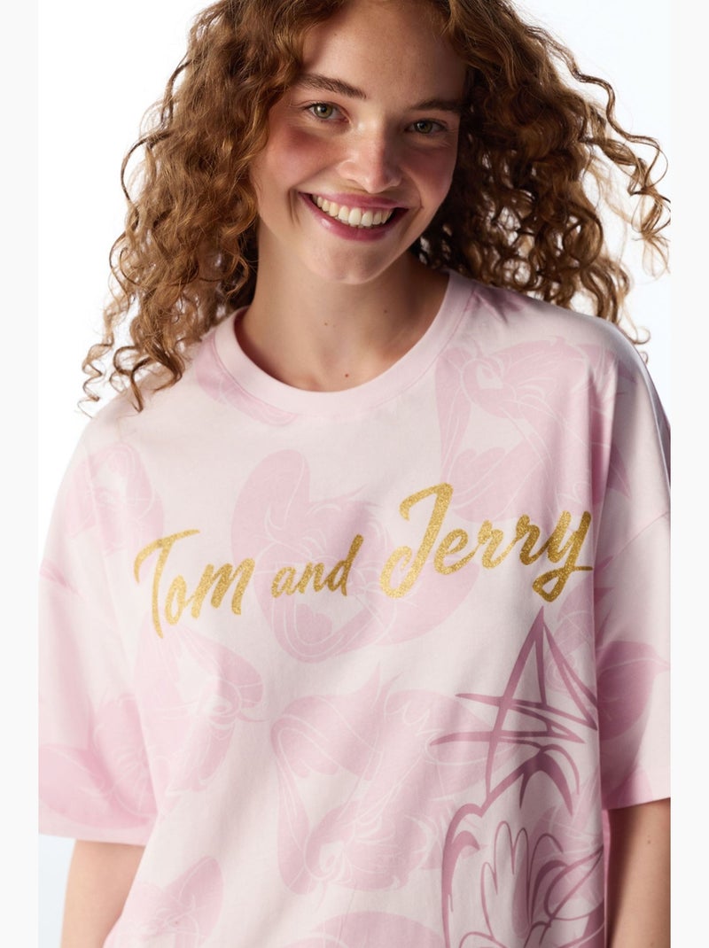 Tom&jerry chemise de nuit à motif chat, manches courtes penti Rose clair - Kiabi