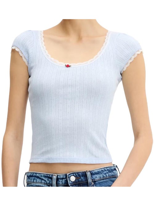 Tommy Hilfiger Dames T-shirt Blauw met Pointelle Motief - Kiabi Tommy Hilfiger Dames T-shirt Blauw met Pointelle Motief - Kiabi