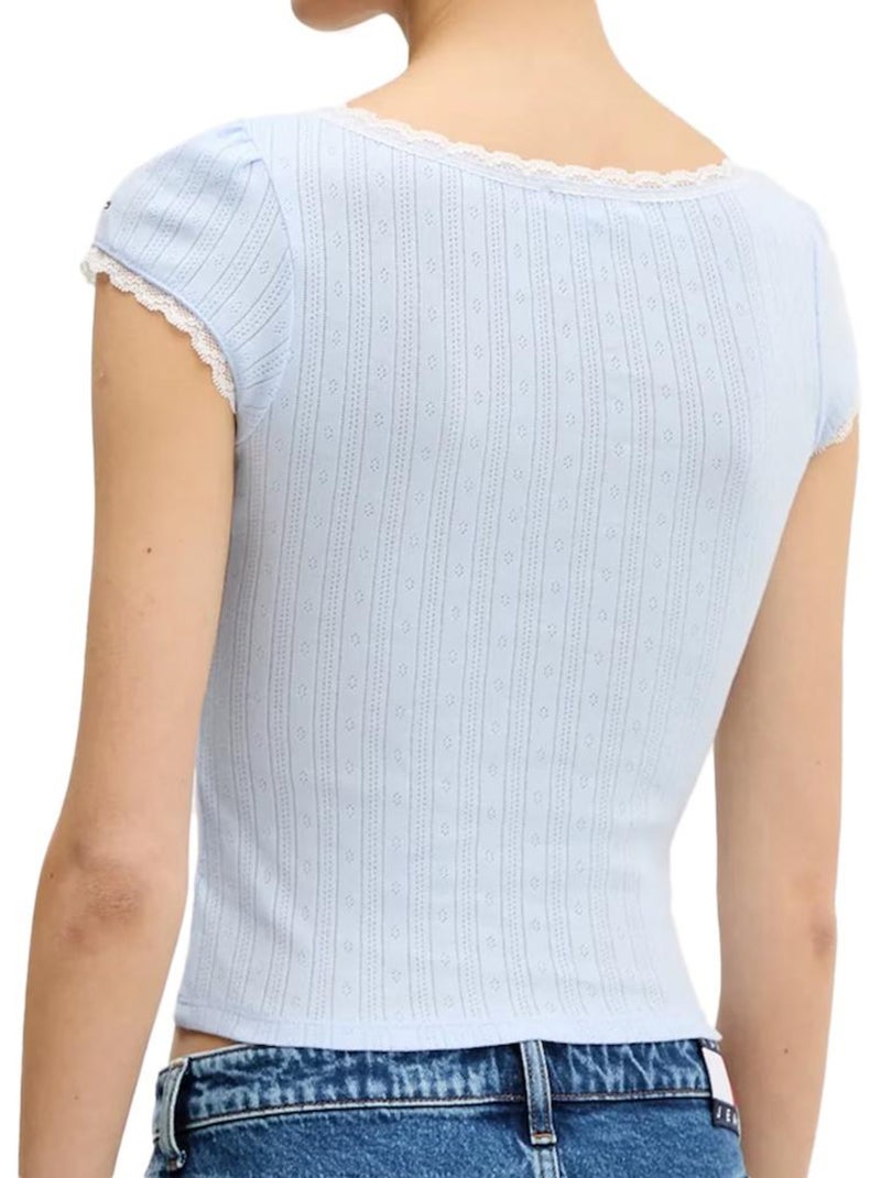 Tommy Hilfiger Dames T-shirt Blauw met Pointelle Motief Blauw - Kiabi