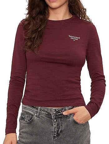 Tommy hilfiger slim essential bordeaux t-shirt met lange mouwen voor dames