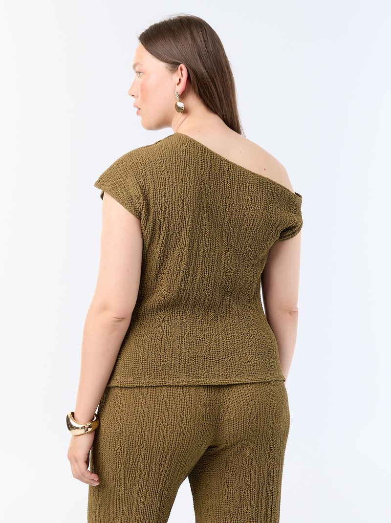Top asymétrique en maille crinkle avec bijou doré Kaki - Kiabi