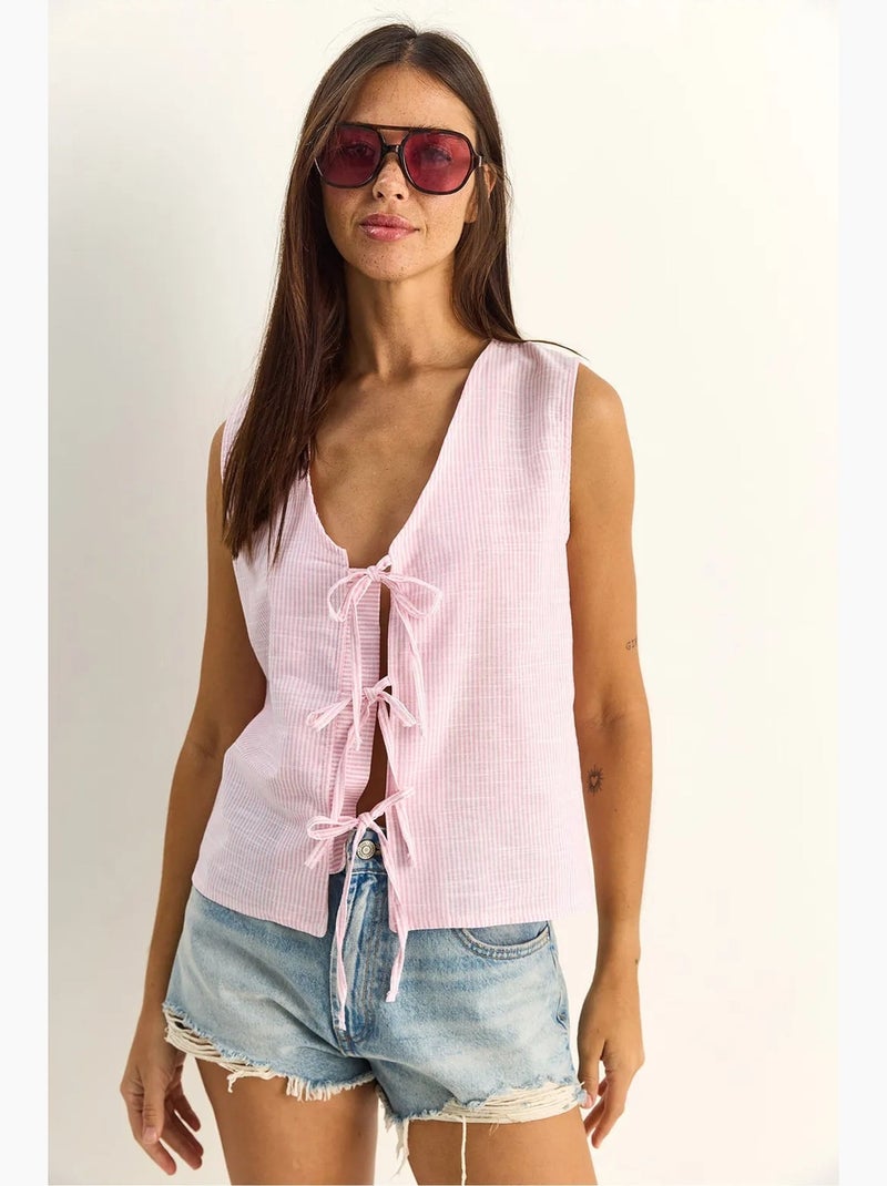 Top gestreept v-hals met strikdetail lucci Roze/Wit - Kiabi