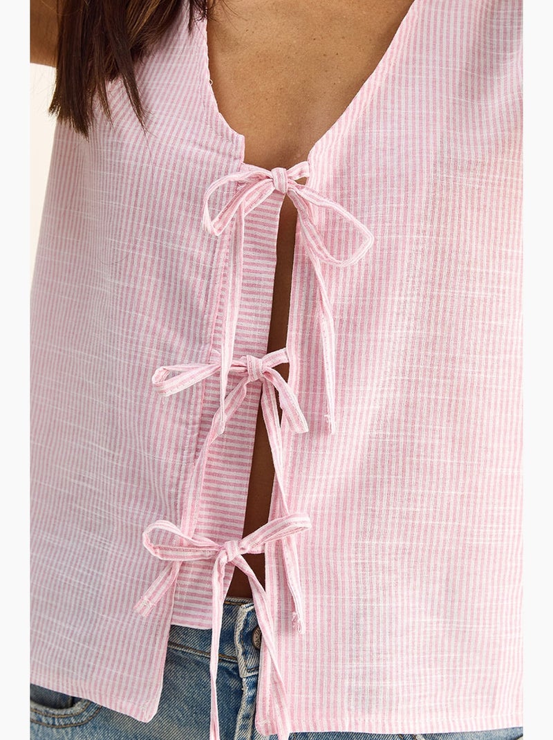 Top gestreept v-hals met strikdetail lucci Roze/Wit - Kiabi