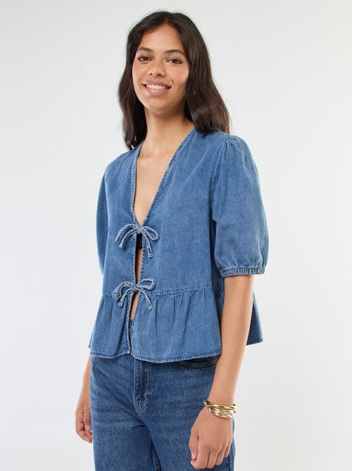 Top gilet en denim avec liens à nouer devant coupe cropped - Kiabi