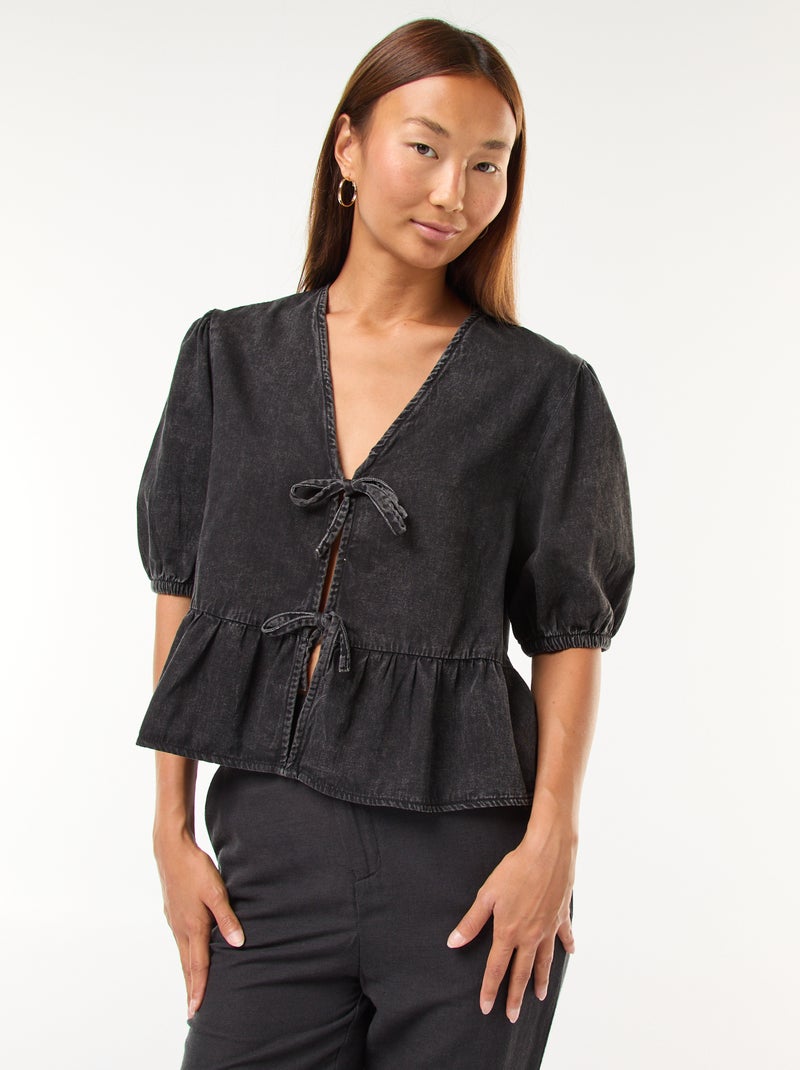 Top gilet en denim avec liens à nouer devant coupe cropped Noir - Kiabi
