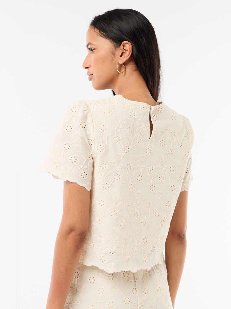 Top manches courtes broderies anglaises en coton uni Beige - Kiabi