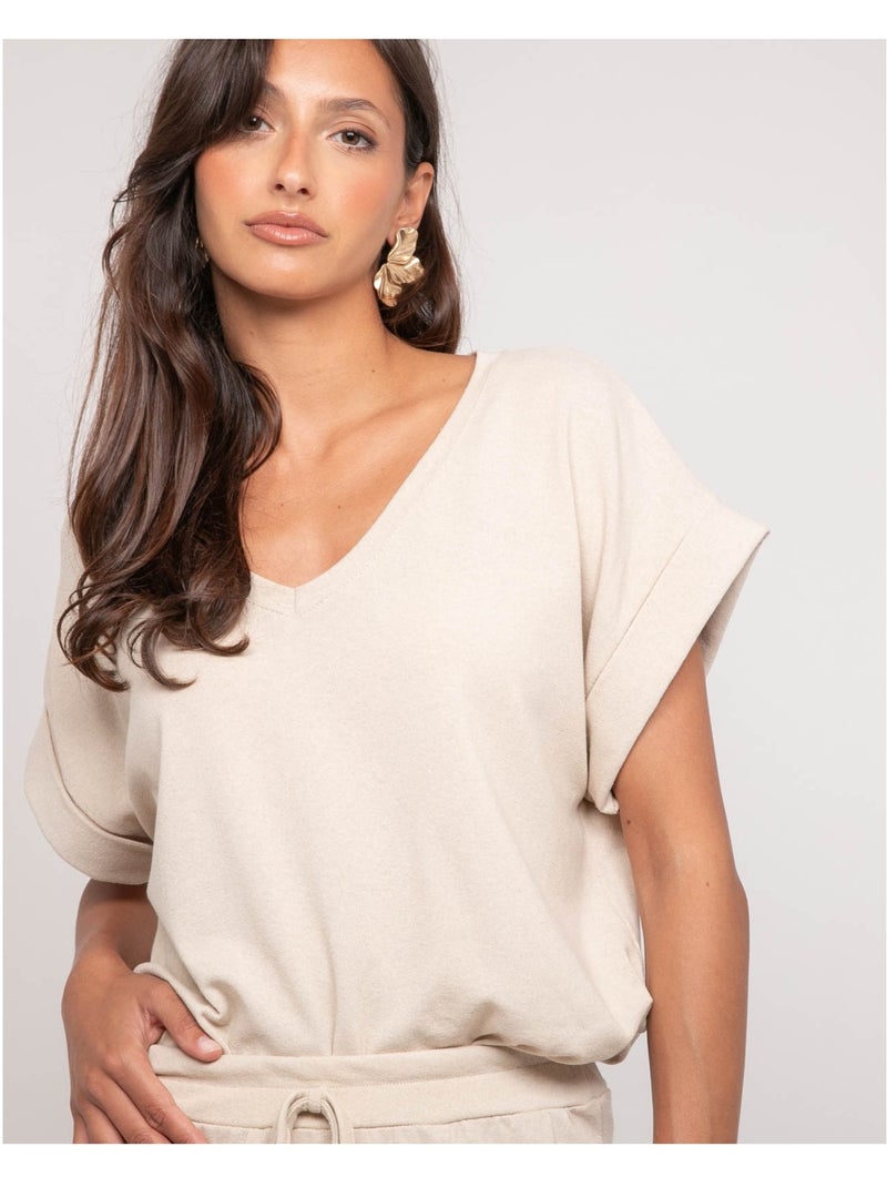 Top manches courtes molleton col V FAIZANE Beige - Kiabi
