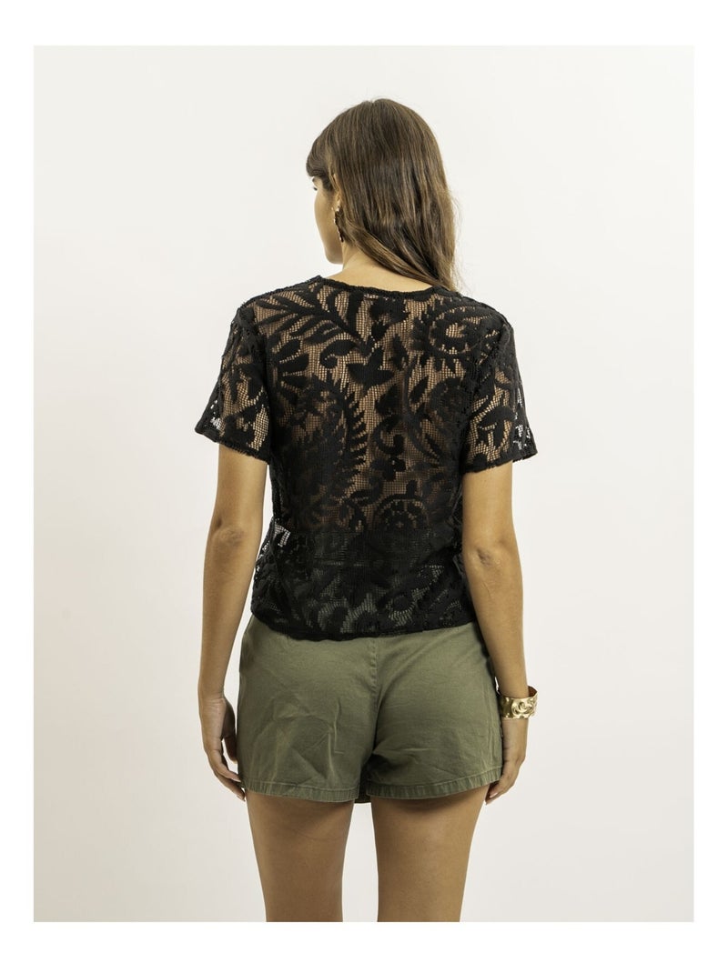 Top manches courtes motifs dentelle florie Noir - Kiabi