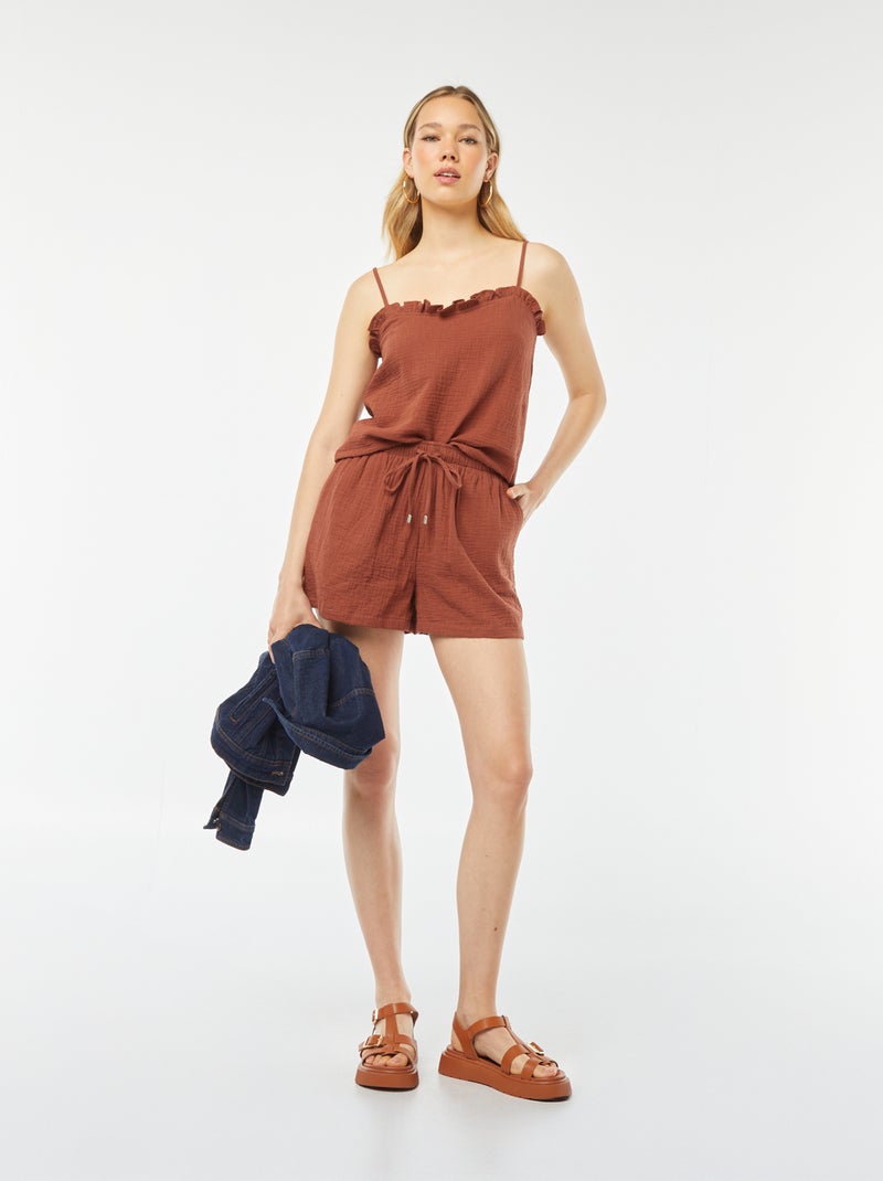 Top met bandjes van luchtig geweven, dubbele katoen Bruin - Kiabi