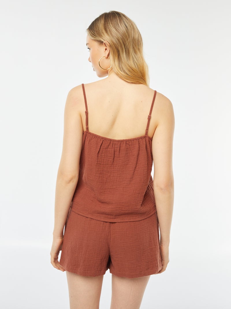 Top met bandjes van luchtig geweven, dubbele katoen Bruin - Kiabi