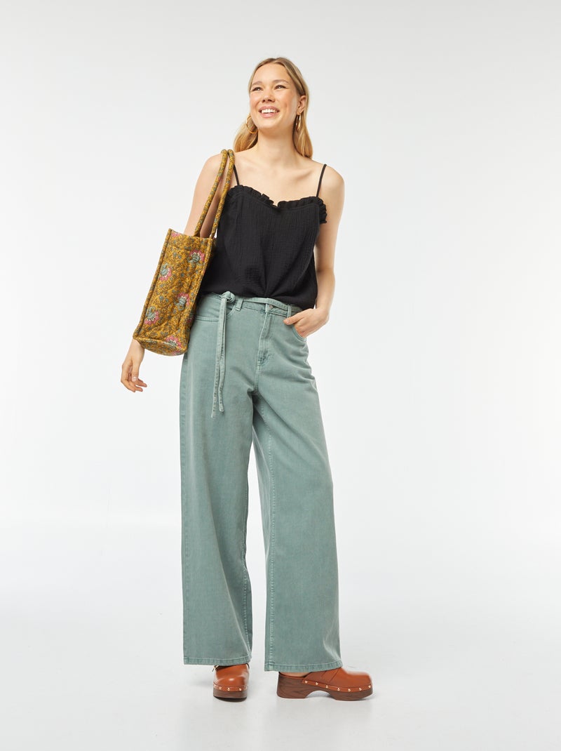 Top met bandjes van luchtig geweven, dubbele katoen zwart - Kiabi