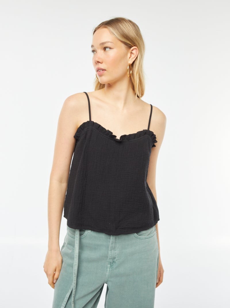 Top met bandjes van luchtig geweven, dubbele katoen zwart - Kiabi