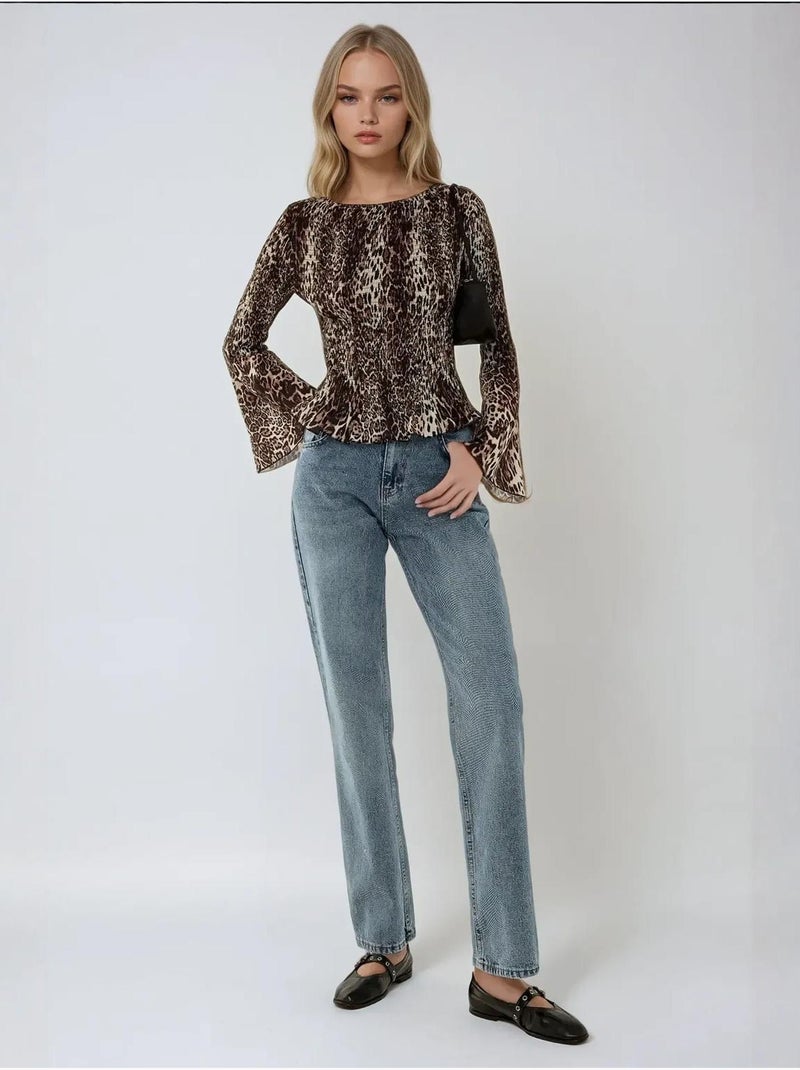Top met dierenprint en boothals en gerimpeld detail Multicolor - Kiabi