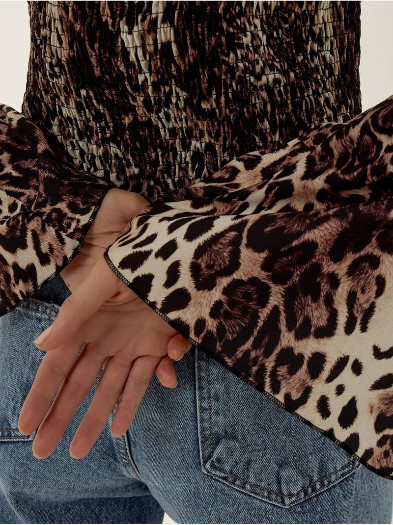 Top met dierenprint en boothals en gerimpeld detail Multicolor - Kiabi